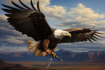 The eagle is a patriotic symbol of America, USA. Eagle flying on the background of mountains and canyon