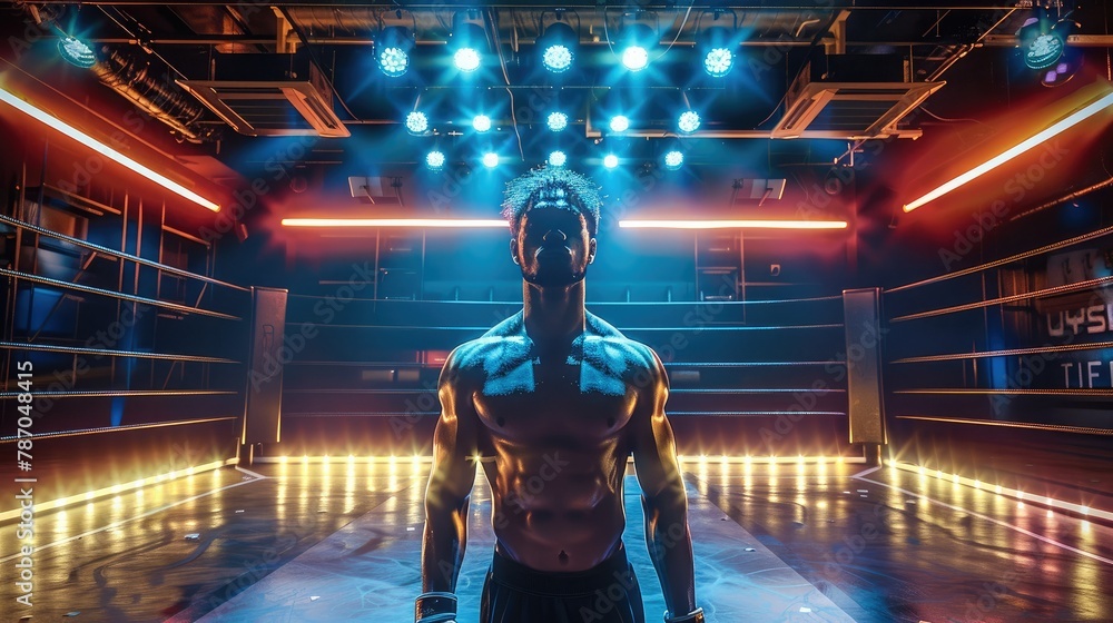 Poster playing in the ring, with led screens, relaxed and casual. generative ai.
