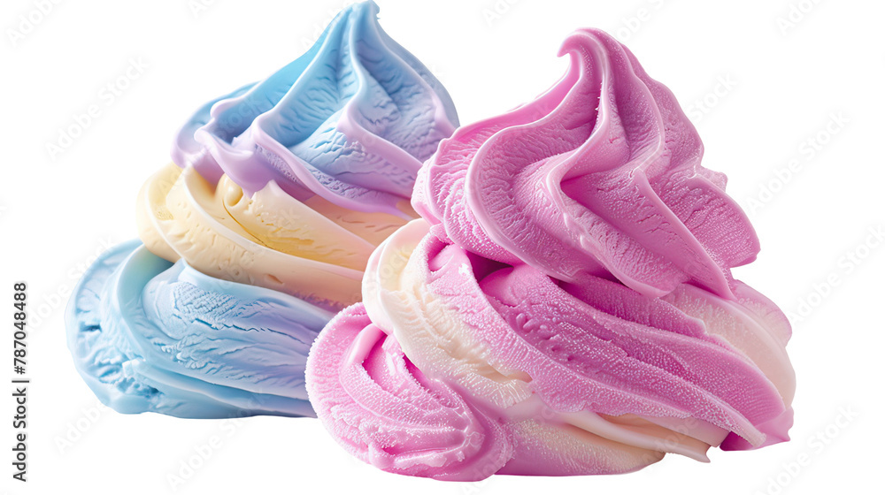 Poster two colorful ice cream scoops with swirls of different colors on transparent background