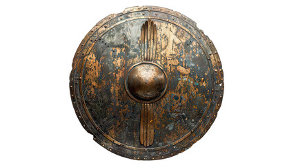 A large, rusted, gold and silver shield with a black rim