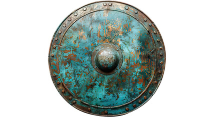 A blue and rusted shield with a round center on transparent background