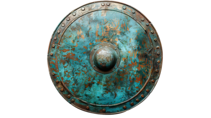 A blue and rusted shield with a round center on transparent background