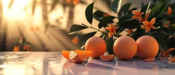 Close up of juicy oranges composition with green leaf. Citrus Fruits. Natural organic concept....