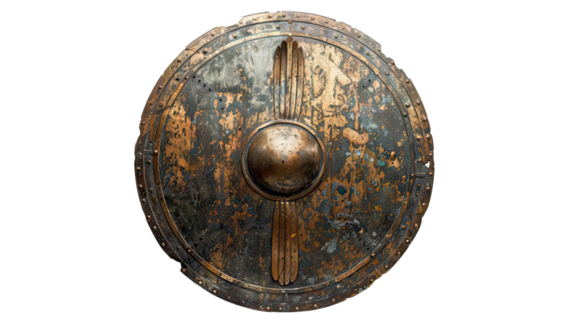 A large, rusted, gold and silver shield with a black rim