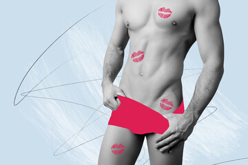 Creative trend collage of sexy gorgeous man shirtless torso erotic sexshop shopping concept weird...