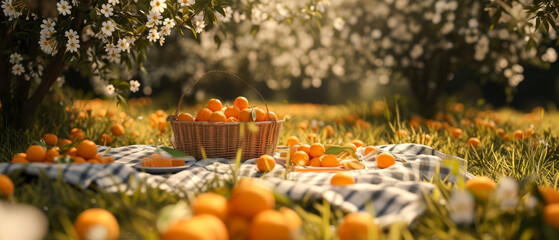 Picnic at blooming oranges or tangerine garden. Cute Wicker basket with citrus fruits,meal, beverage, tablecloth on the grass. Outdoors rest. Vacation on the nature. Generative ai