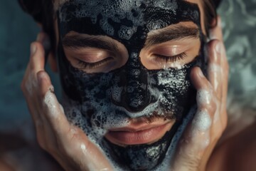 Fototapeta premium Close-up of a young man cleansing his skin with a charcoal face mask