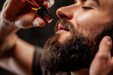 Close-up capture of a man using dropper bottle to massage beard oil into his facial hair