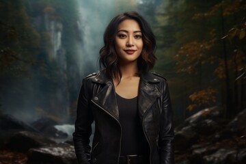 Fototapeta premium Portrait of a grinning asian woman in her 20s sporting a stylish leather blazer in front of backdrop of a mystical forest
