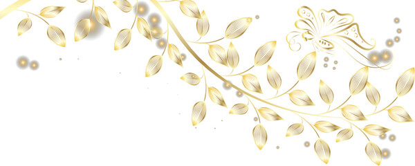 Luxury gold oriental style background a tree branch and a butterfly. Hand drawn Line art style design. Concept traditional Asian holiday card.