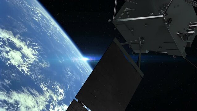 High Tech Communication Satellite Flying Over Planet Earth. Majestic Scene. Technology And Space Related 3D Animation.