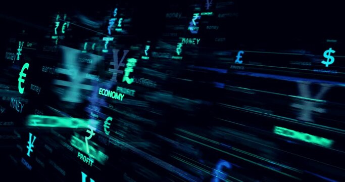 Currency dollar euro yen poud yuan symbol technology loop concept. Abstract sign on glitch screens seamless and looped.