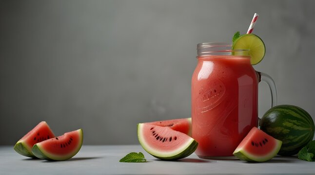Fresh red watermelon slice and smoothie in glass jar with straw, ice, mint, lime on light background.generaive.ai