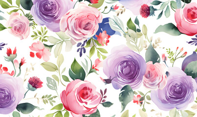 Pattern of purple and red roses, green leaves, watercolor, Generative AI