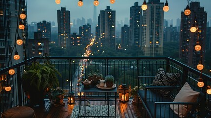 A balcony with black metal furniture, plants and a tea set on the table. The city skyline is visible in the background. a dark evening with warm lighting from lanterns. Generative AI.