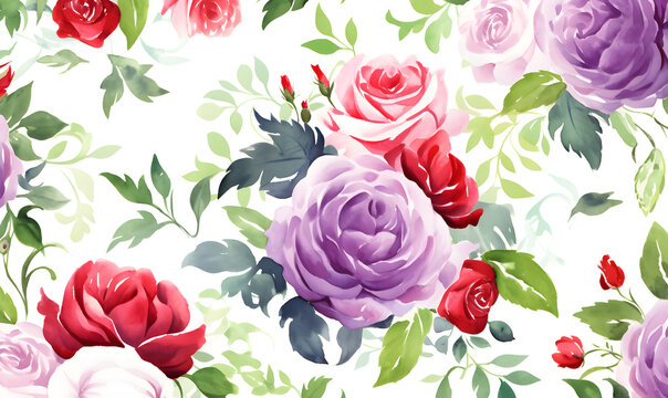 Pattern of purple and red roses, green leaves, watercolor, Generative AI