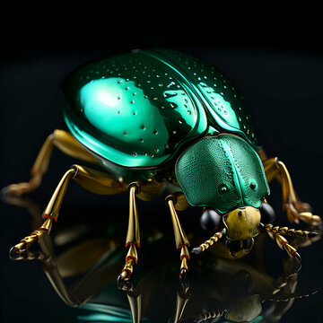 Green beetle on a black background with reflection. Close up.