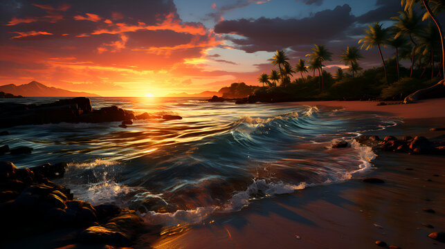 Tropical beach at beautiful sunset. Nature background. 3d render