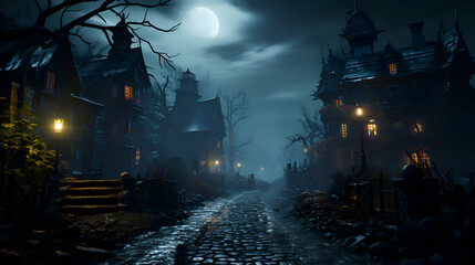 Halloween background with haunted house and moonlight. Halloween holiday concept