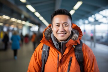 Fototapeta premium Portrait of a grinning asian man in his 40s wearing a windproof softshell in front of bustling airport terminal background