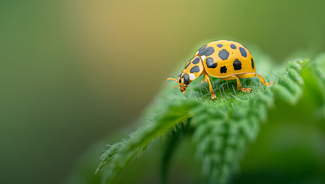 closeup yellow ladybug beetle edge of leaf, blur copy space banner, nature green wildlife bug, macro