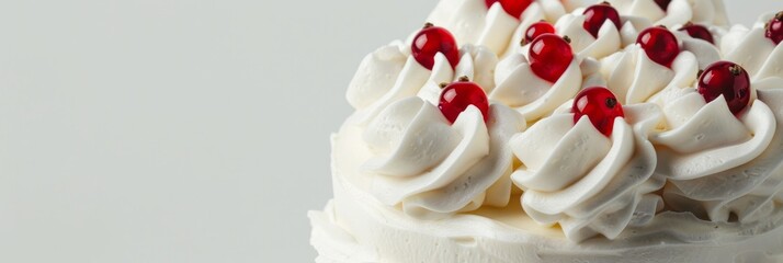 Cake with perfect whipped cream swirls and some small details of red berries on top, very luxurious, with light gray background. Banner