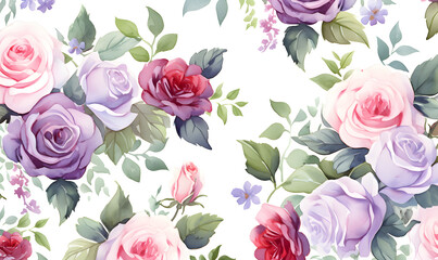 Pattern of purple and red roses, green leaves, watercolor, Generative AI
