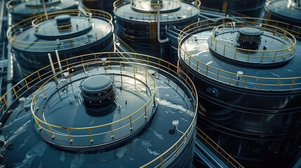 Top view of large commodity tanks at industry area, the focus is the lids of the tanks, modern and new lids. Generative AI.
