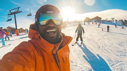 a lively scene as a man captures a selfie while having a blast with winter sports at a ski resort. 