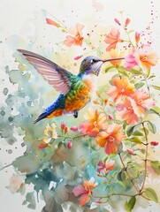 Colorful and cheerful watercolor art of a hummingbird enjoying the nectar of blossoming flowers, bathed in bright sunlight