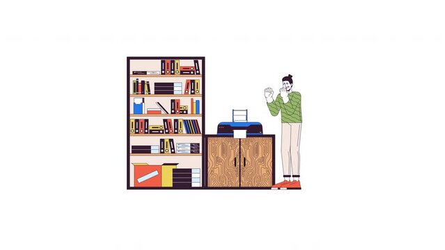 Male office worker annoyed by broken printer line 2D character animation. Printing device issues flat color cartoon 4K video, alpha channel. Angry man in office animated person on white background