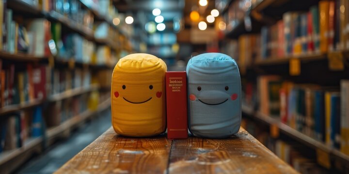 Cute minimalist bookstore with smiling book characters popping out of the shelves
