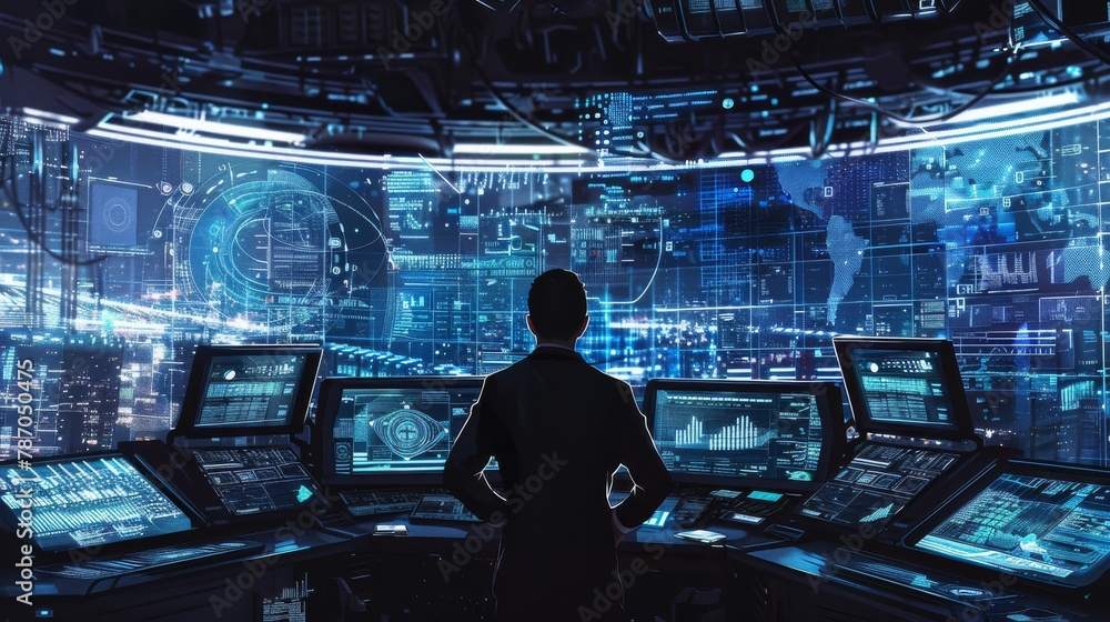 Poster a man is sitting in front of a computer monitor with three screens