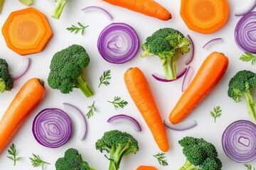 A vibrant mix of orange carrots, purple onions, and green broccoli florets, perfectly arranged in a visually appealing pattern on a white surface. - Powered by Adobe