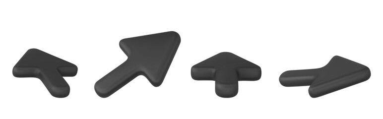 3D mouse cursors set isolated on white background. Vector realistic illustration of black arrow pointer signs showing different directions, computer software design element, website navigation symbol
