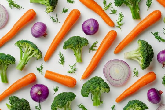 A visually appealing arrangement of orange carrots, purple onions, and green broccoli on a white surface.