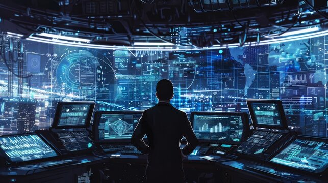 A man is sitting in front of a computer monitor with three screens