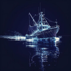 A fishing vessel navigates the open sea with nets and equipment, highlighting maritime tradition and sustainable seafood practices in the commercial fishing industry - obrazy, fototapety, plakaty