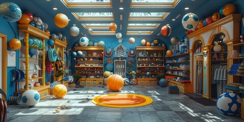 Whimsical sports equipment shop with cartoon balls playing catch and hula hoops spinning