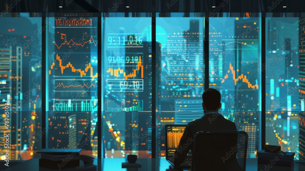 Poster a man is sitting in front of a computer monitor in a window overlooking a city