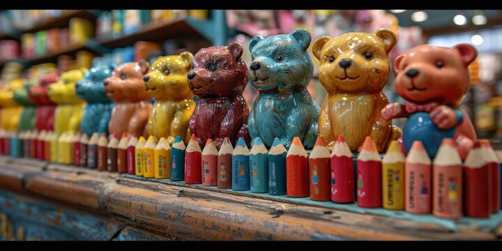 Whimsical toy store display with miniature animals riding on oversized crayons