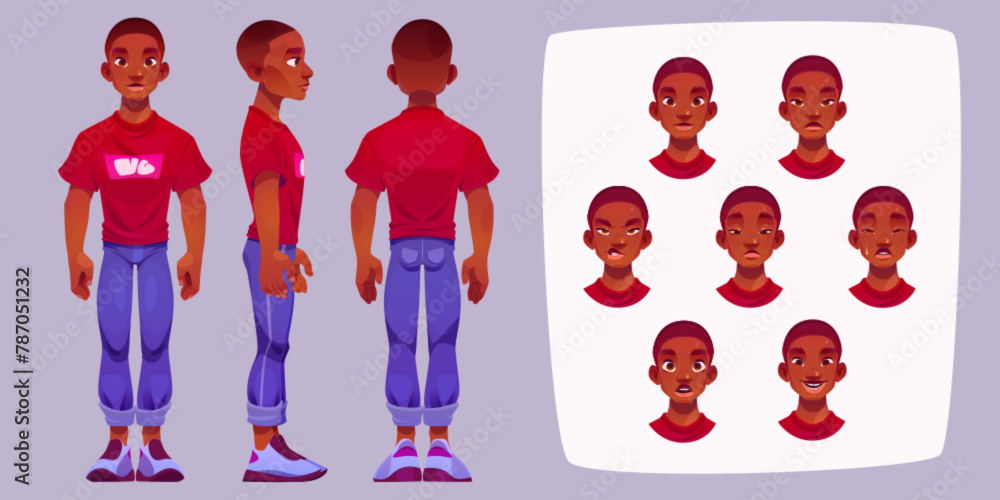 Poster young african man character constructor with standing person front, side and back view and head with