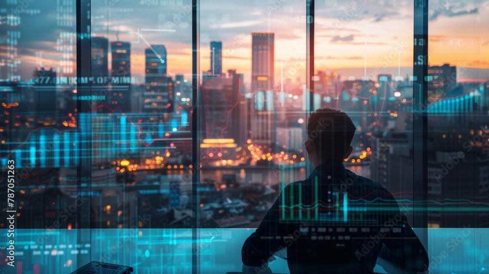 Poster a man is sitting in front of a computer monitor in a window overlooking a city