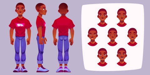 Young african man character constructor with standing person front, side and back view and head with different face emotions. Cartoon vector illustration set of guy avatar animation generator kit.