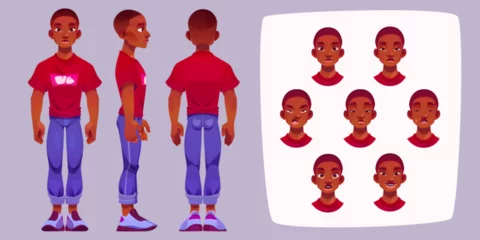 Deurstickers Young african man character constructor with standing person front, side and back view and head with different face emotions. Cartoon vector illustration set of guy avatar animation generator kit. © klyaksun