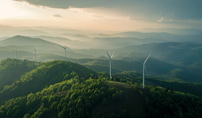 Wind turbines on a forested mountain tops, aerial view, hilly landscape and sunrise in the background. Renewable, sustainable energy source.
