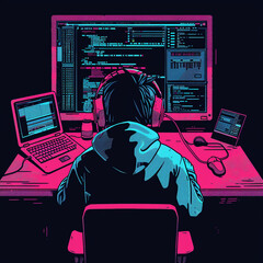 Hacker  sits at a computer, illustration in neon pink and blue. Concept of security, hacking, data leakage.