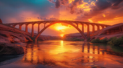 Rainbow Bridge sunset, landscape design. Generative AI.