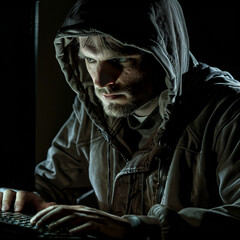 Hacker sits at a computer. Concept of security, hacking, data leakage.
