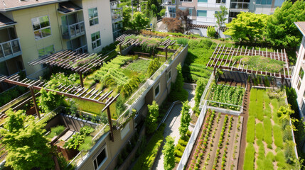 Green infrastructure and eco-friendly city homes with plants and gardens on roof tops, aerial view
